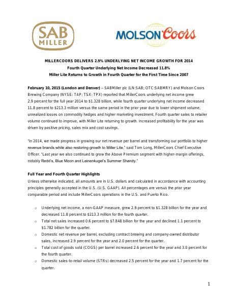 02-10-15%20MillerCoors%20Fourth%20Quarter%20Earnings%20Release