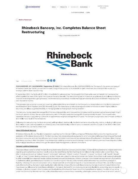 092724 - Rhinebeck Bancorp - bal sheet restructuring PR
