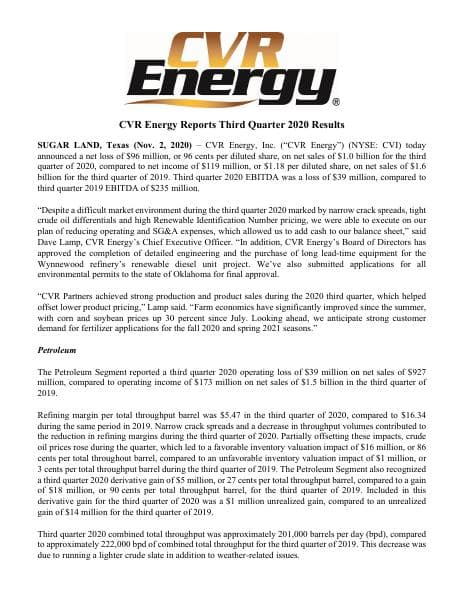 2020-11-02%20CVI%20Q3%202020%20Earnings%20Release--FINAL
