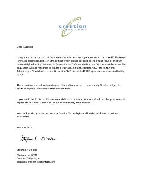 2021-0823-Creation-Technologies-Supplier-Communication