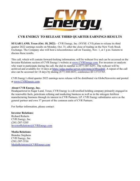 2022-10-18%20CVI%20Q3%202022%20Earnings%20Call%20NR--FINAL