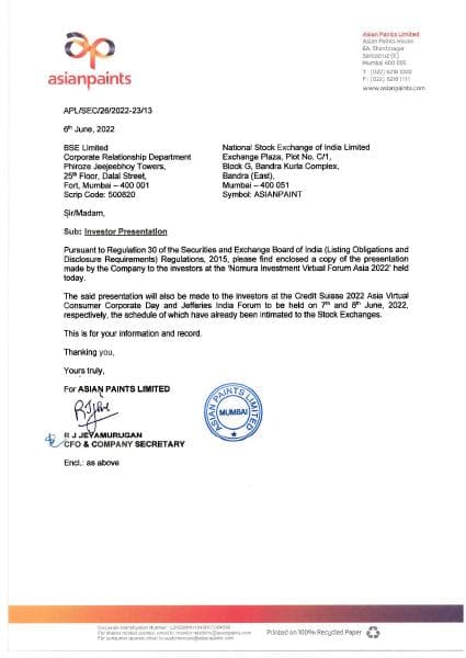 ASIANPAINT_06062022193107_InvestorPresentationIntimation06062022
