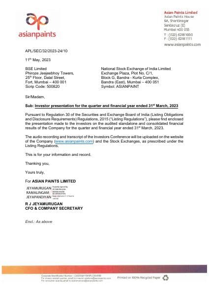 ASIANPAINT_11052023173845_SEINTIMATIONINVESTORPRESENTATIONQ4FY23
