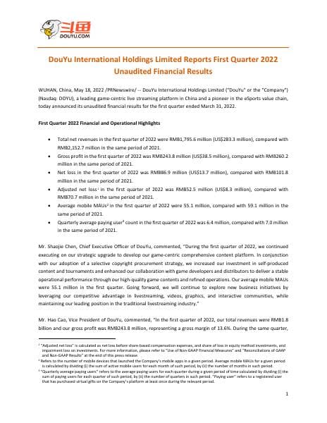 DouYu+International+Holdings+Limited+2022+Q1+Earnings+Release