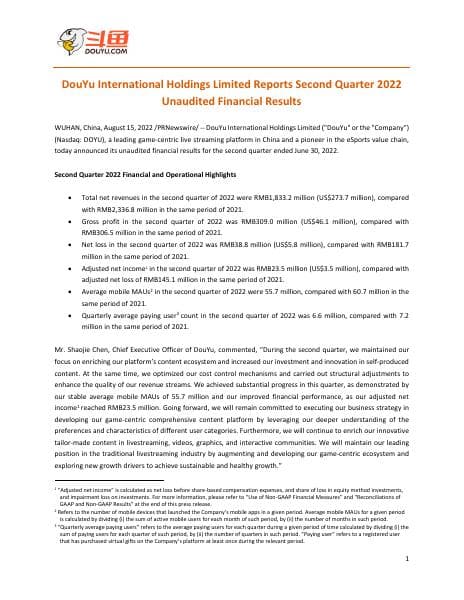 DouYu+International+Holdings+Limited+2022+Q2+Earnings+Release