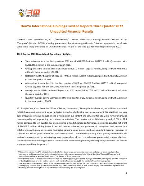 DouYu+International+Holdings+Limited+2022+Q3+Earnings+Release