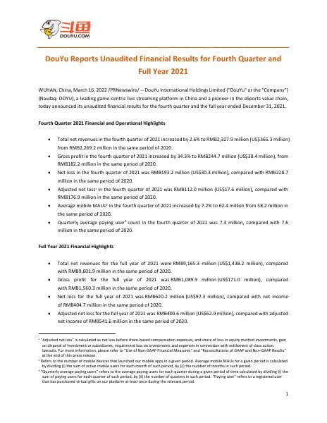 DouYu+Reports+Fourth+Quarter+2021+Unaudited+Financial+Results+