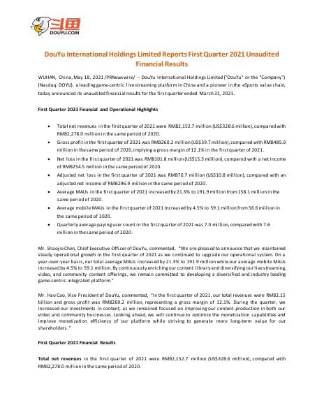 DOYU+1Q21+Earnings+Results