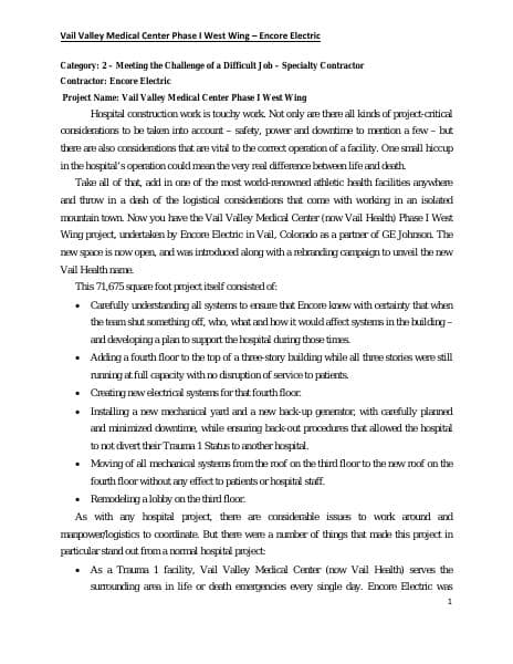 Encore-Electric-Vail-Valley-Medical-Center-Narrative