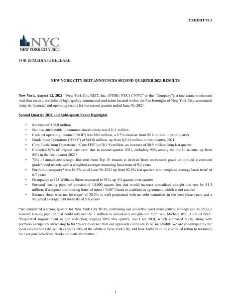 EX-99.1-NYCR-Earnings-Release-6.30.21