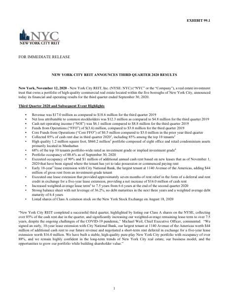 EX 99.1 - NYCR Earnings Release