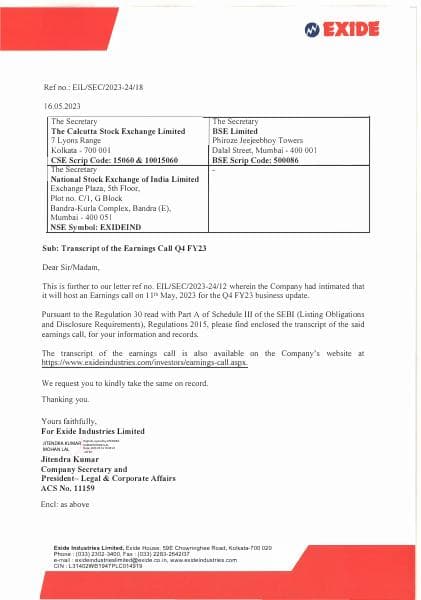 EXIDEIND_16052023185410_SELETTEREARNINGCALLTRANSCRIPTFINALSIGNED