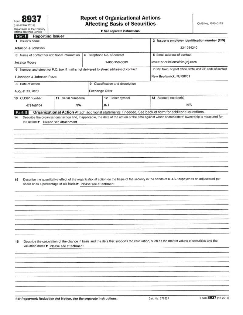 Information on tax basis following Kenvue separation