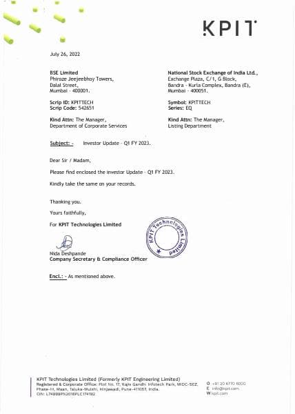 KPITTECH_26072022134503_KPITInvestorUpdateQ1FY23