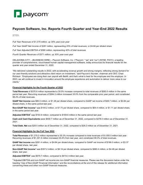 PAYC_2022_Q4_Earnings_Relase
