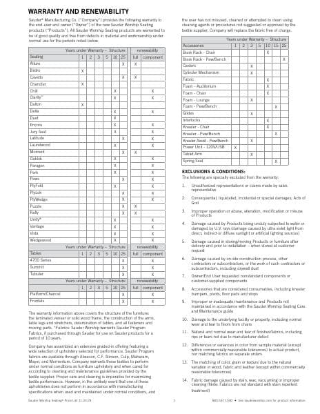 SauderWorshipSeating_Warranty