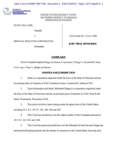 Stant-v-BriggsStratton-complainit