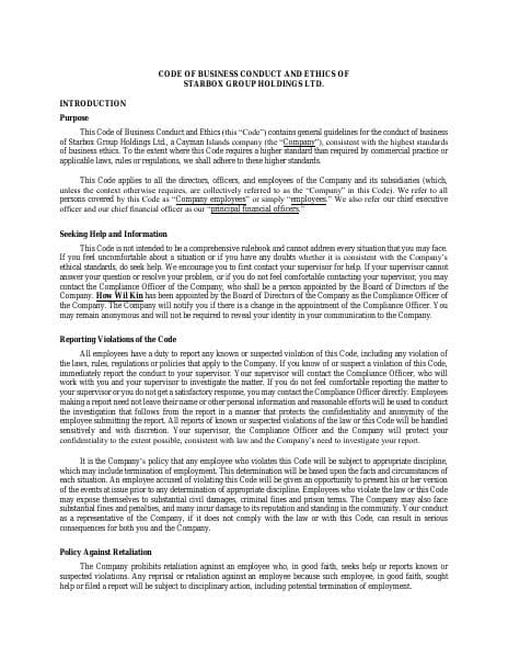Starbox Code of Business and Ethics