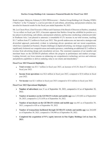 StarboxGroupHoldingsLtdFiscalYear2023FinancialResults