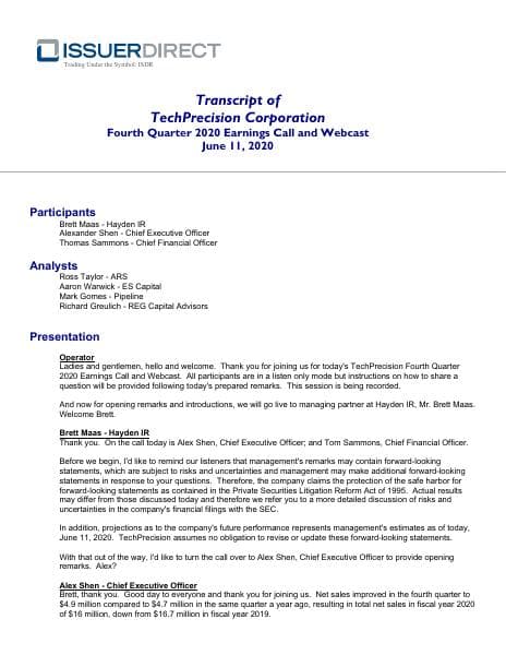 TechPrecision Q4 FY2020 Earnings Call Transcript - June 11, 2020