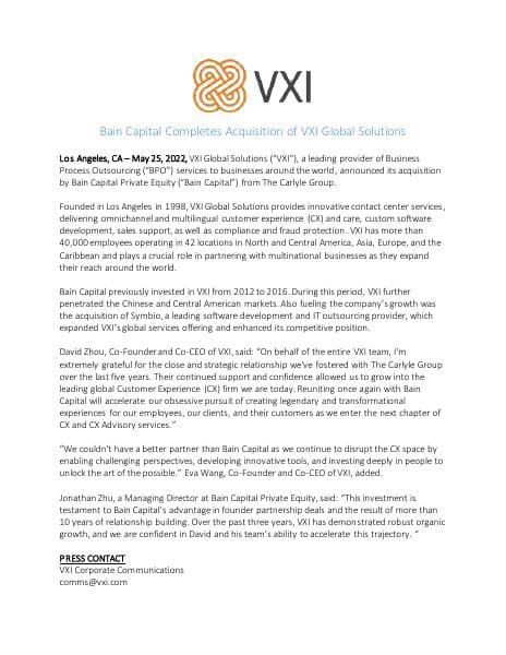 VXI_Bain%20Capital%20Completes%20Acquisition%20of%20VXI%20Global%20Solutions