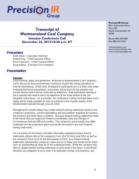 Westmoreland%20Coal%20122413%20Transcript%20FINAL