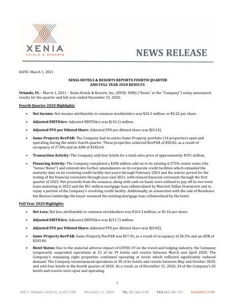 Xenia-99.1-Q4-Earnings-FINAL